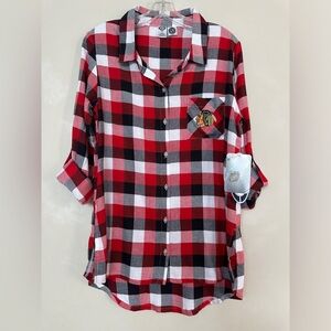 NWT Chicago Blackhawks Plaid Long Sleeve Button Down Pajama Sleep Shirt Small